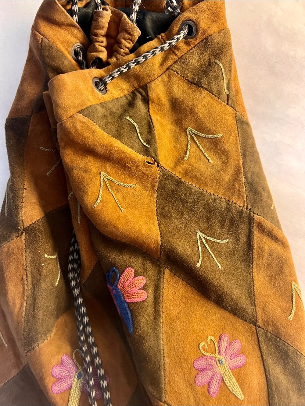 Vintage Boho Patchwork Suede Backpack Distressed Butterfly Embroidered As Is - Picture 5 of 10